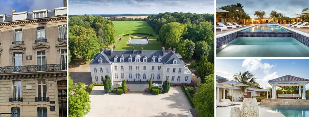 Bâtiment du huitième arrondissement de Paris où se trouvent les bureaux d’Optimum Gestion financière S.A. Le Domaine du Tremblay, un château situé en Normandie, entouré de grands espaces verts. L’une des luxueuses villas d’Optium Foncier située sur l’île de Saint-Martin dans les Caraïbes et disponible en location aux vacanciers. Piscine, pergola, palmiers et soleil.